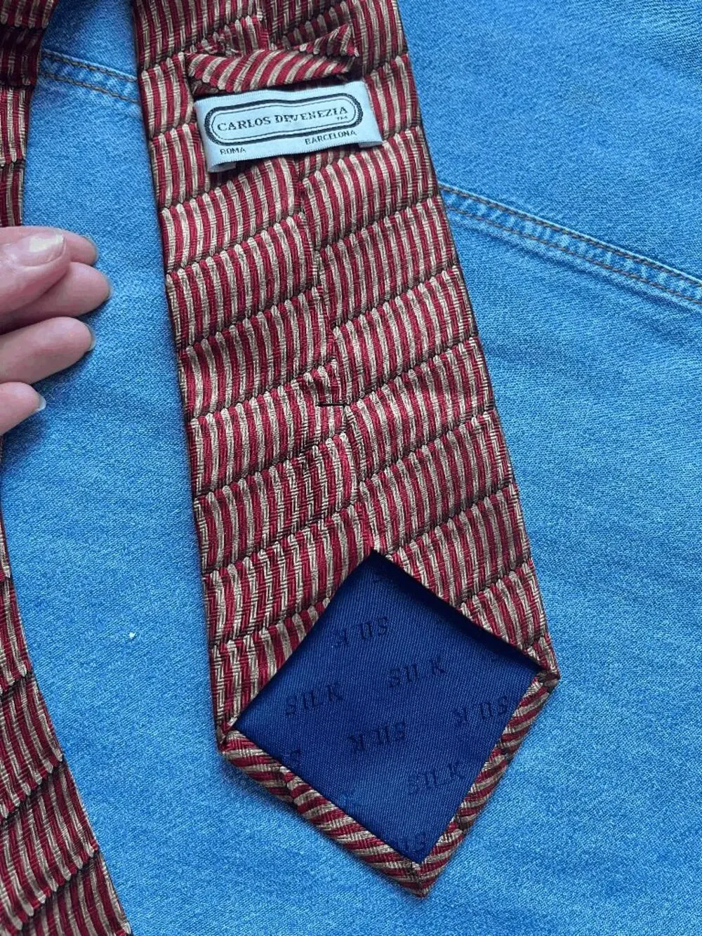 Carlos DeVenezia Silk Tie VTG Red Gold Diagonal Stripe Italian Style Old Money